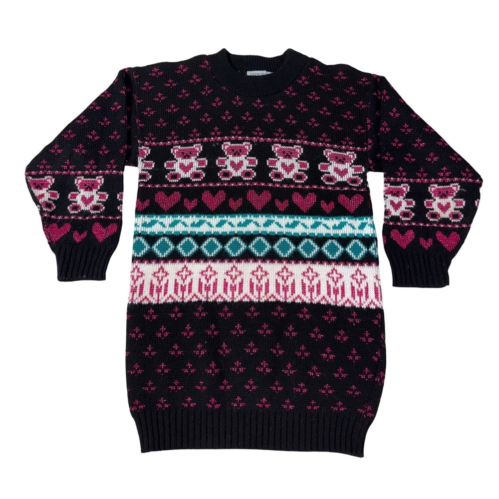Vintage Private Eyes Teddy Bear Heart Knit Sweater Black Pink Lurex Tunic‎ USA
